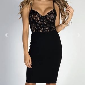 Gentle Kisses Black Lace Bustier Cocktail Midi